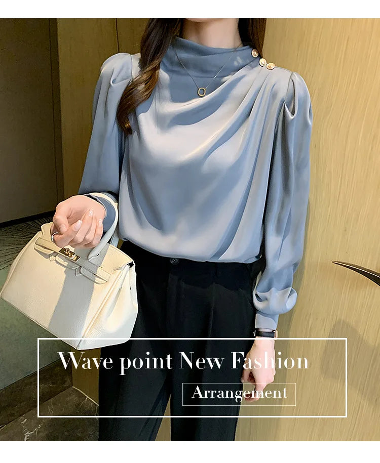 Autumn New Women's Style Stand up Collar Pleated Long Sleeve Top Fashion Lantern Sleeve Loose Elegant Solid Color Shirt Blouse