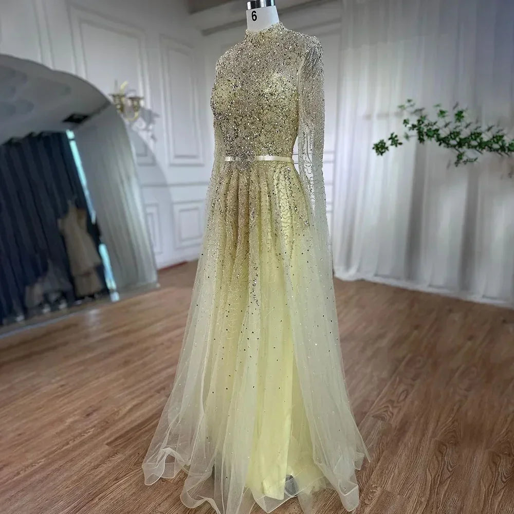 Serene Hill Blue A-Line High-end Beaded Luxury Cape Sleeves Evening Dresses Gowns 2024 For Woman Party Plus Size LA70066B