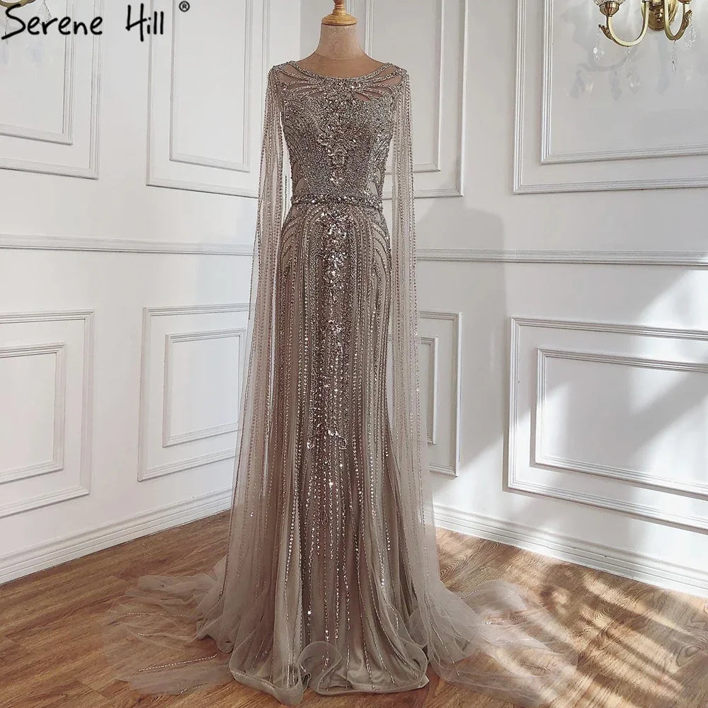 Serene Hill Brown Mermaid Elegant 2024 With Cape Sleeves Beaded Luxury Evening Dresses Gowns For Women Party LA70638