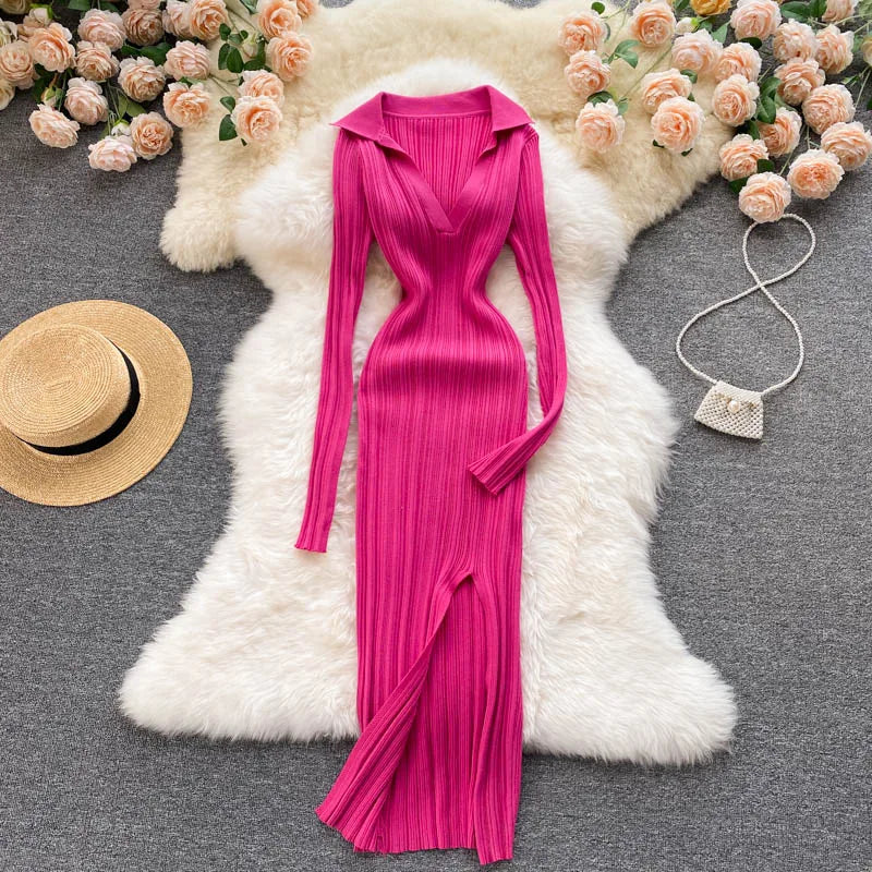 Women Chic Elegant Long Sleeve Split Bodycon Midi Dress Sexy French Fashion Knit Wrap Vestidos Elastic Slim Pencil Sweater Dress