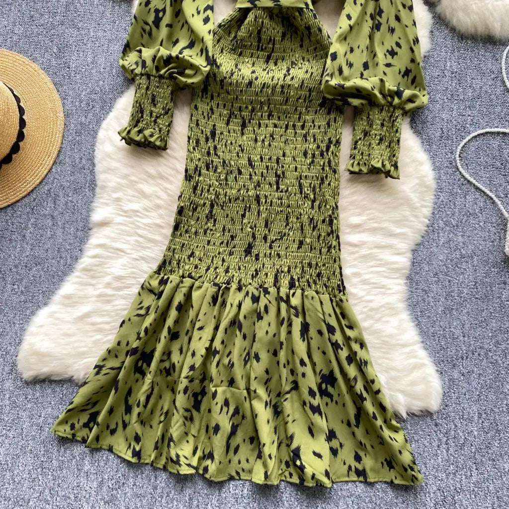 Women Casual Vintage Print Ruffle Long Dress Autumn Elegant V Neck Lantern Sleeve Party Mermaid Dresses Holiday Female Mujer New