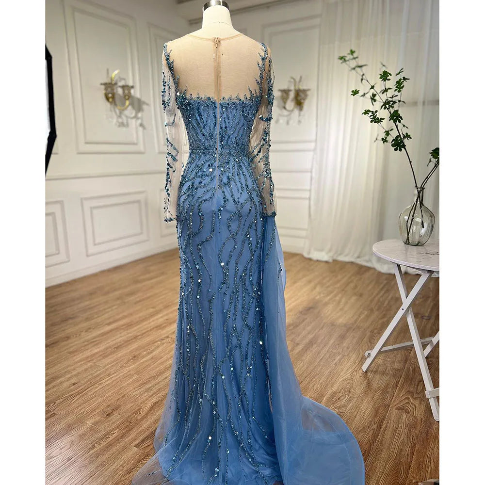 Serene Hill Blue Long Sleevele Elegant Mermaid High Split Evening Dresses 2024 Women Party Gowns with Side Skirt LA72044