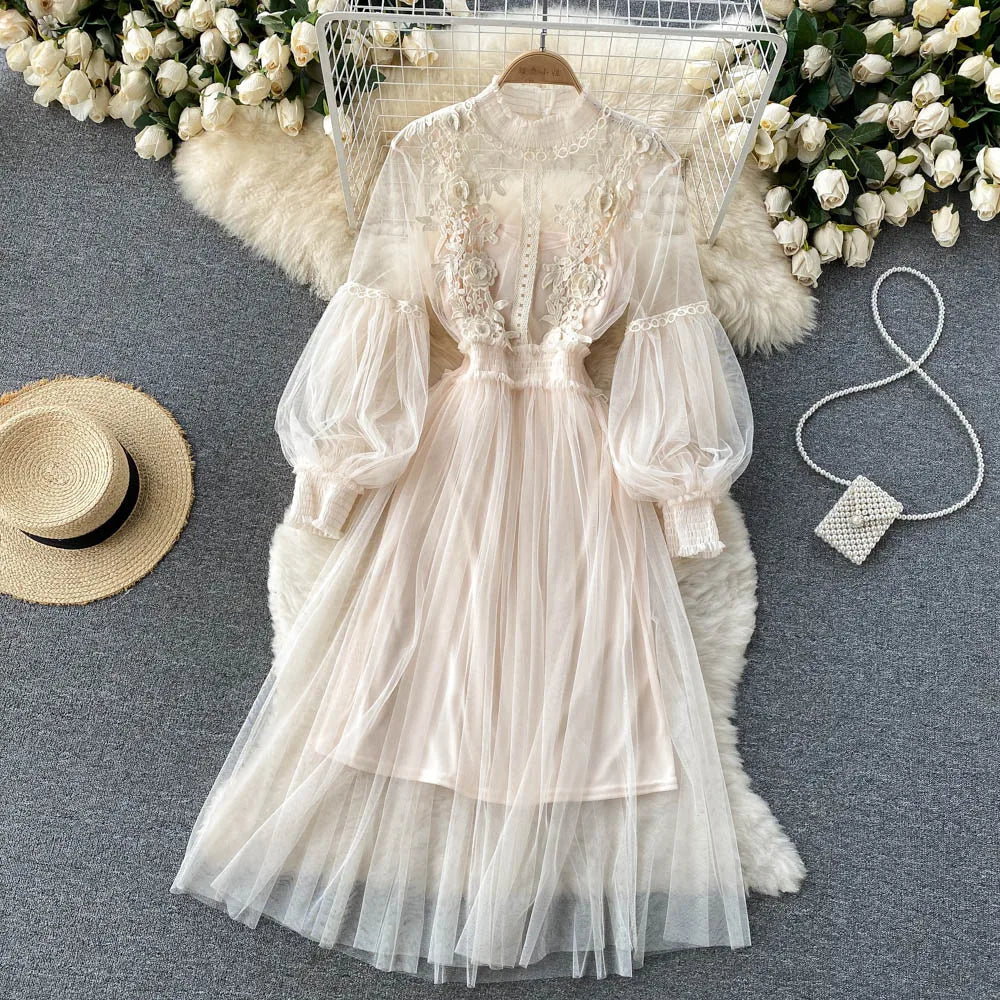 Retro Elegant Mesh Pleated two pieces Dress sets Sexy Fairy puff sleeve Summer Casual Vestidos Slim Women Evening Party Dress