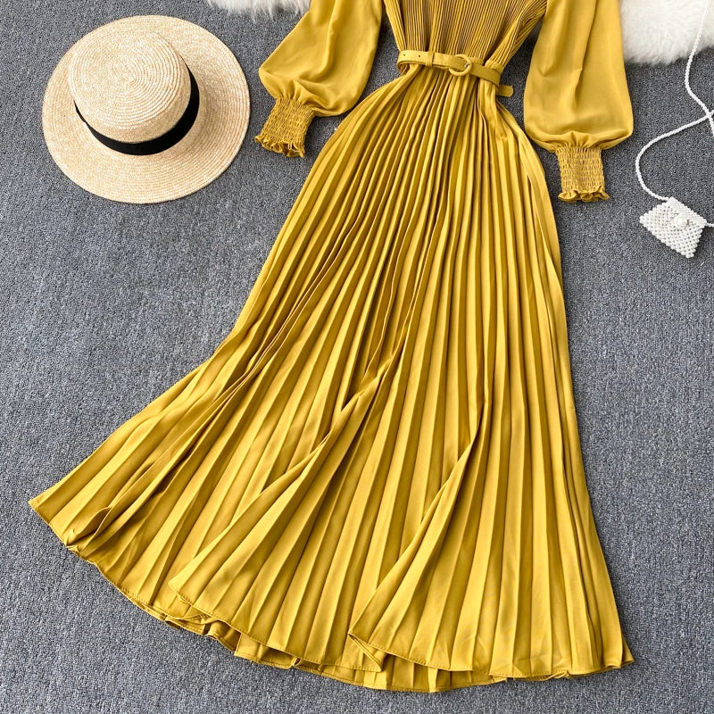 Chic Pleated Elegant Puff Sleeve Dress A-line Chiffon High Waist Belt Beach Vacation Party Dress Women Summer Spring Vestidos