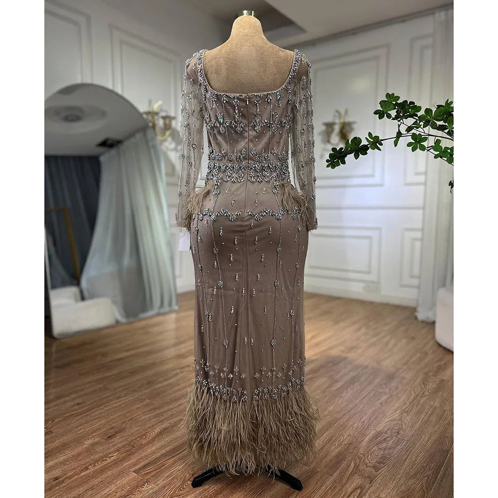Serene Hill Muslim Turquoise Mermaid Elegant Evening Dresses Gowns 2024 Luxury Beaded Feather For Women Party LA71722