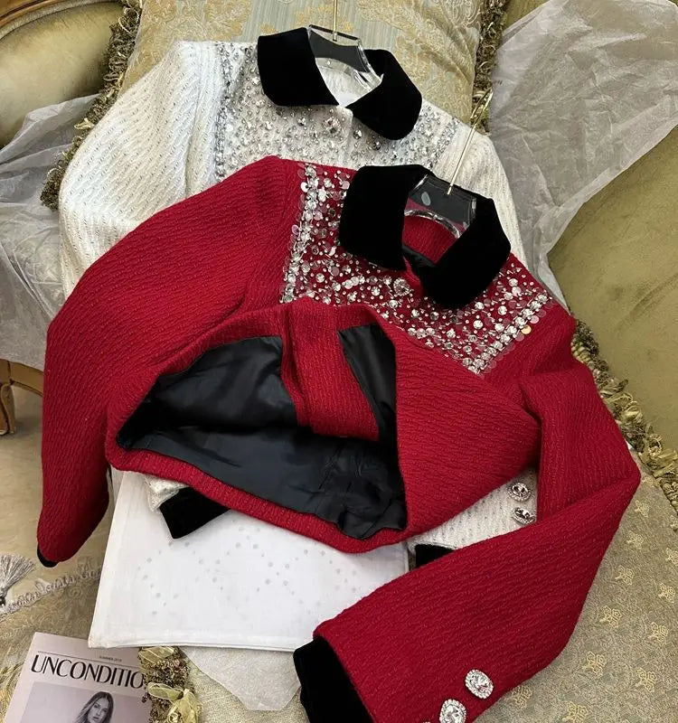 Spring Rhinestone Decoration Tweed Jacket for Women Exquisite Elegant Female Sequin Coat Autumn Trendy Commuter Crop Outerwear