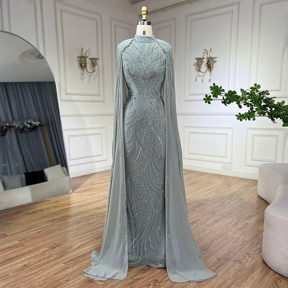 Serene Hill Muslim Sage Green Mermaid Long Cape Beaded Satin Luxury Evening Dresses Gowns For Women Party 2024 LA72413A