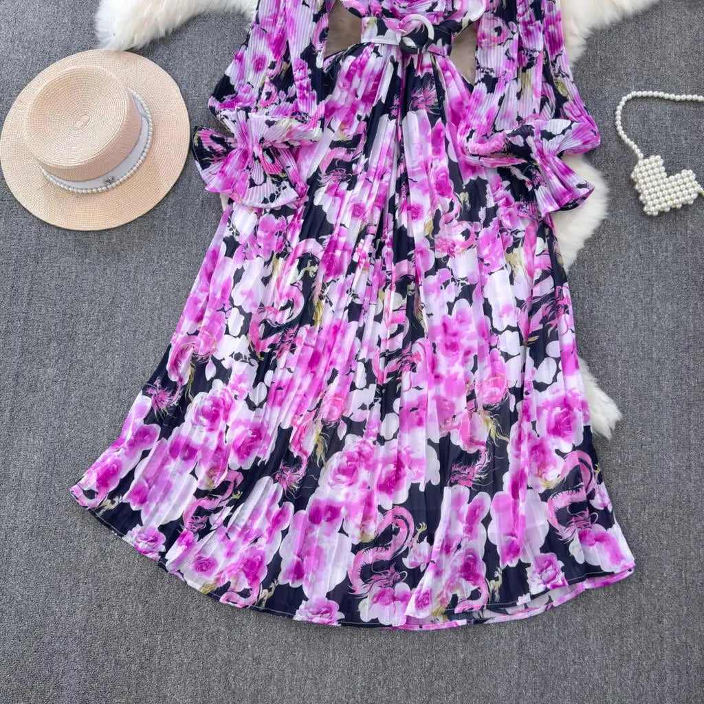 Summer Vintage Casual A-Line Floral Print Women Dress Elegant Chic Pleated Party Prom Vestidos with Belted Female Long Robe