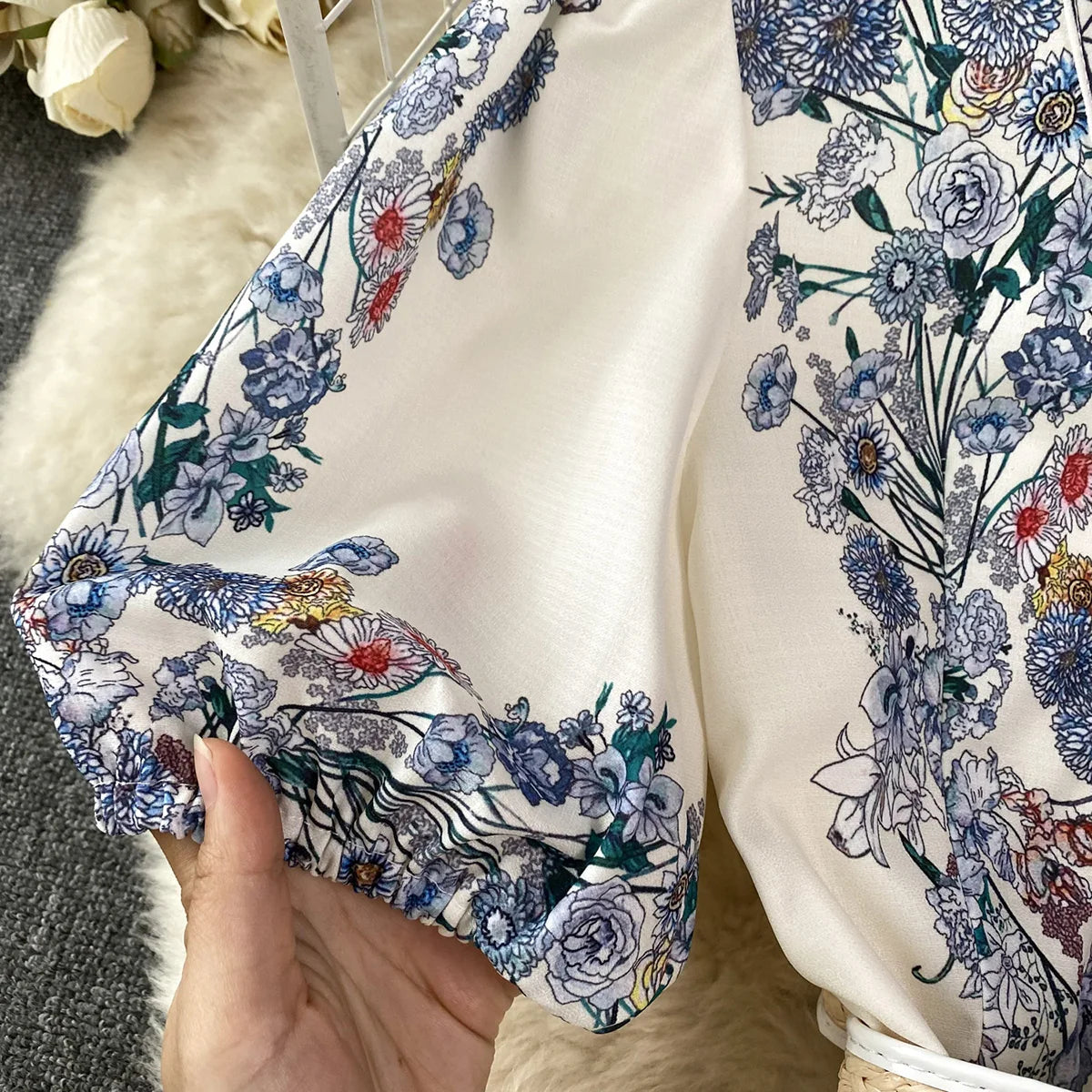 Party Dresses 2023 Elegant Vintage Floral Print Holiday Dress Women V Neck Short Puff Sleeve Summer Clothes Mini Dress With Belt