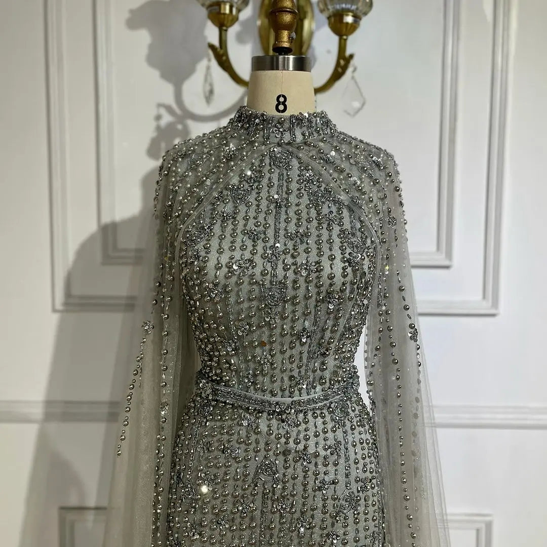 SERENE HILL 2024 Arabic Nude Mermaid Cape Long Sleeves Luxury Beaded Evening Dresses Formal Gowns Women Wedding Party GLA72372