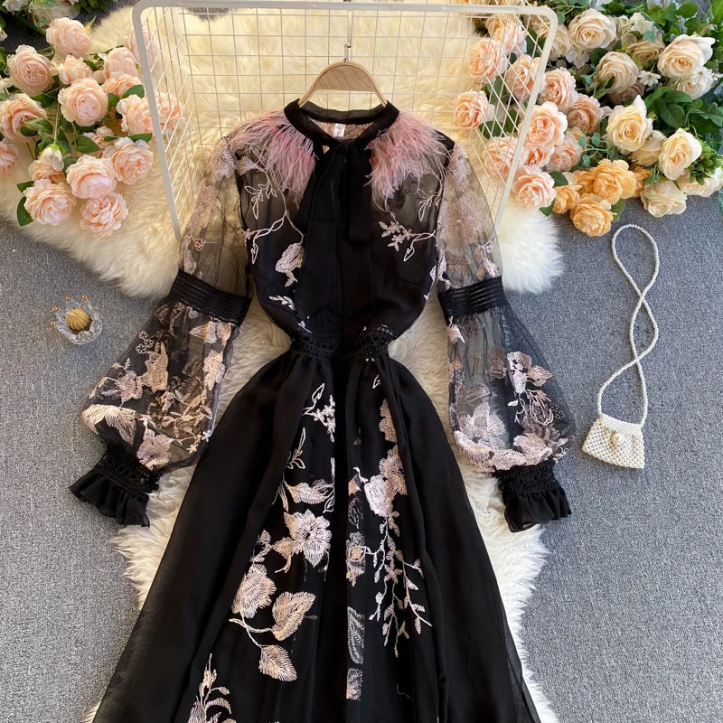 Retro Print Floral Embroidery Elegant Lace Up Dress A-line Long Sleeve Casual O-neck High Waist Dress Women Ceremonial Dress