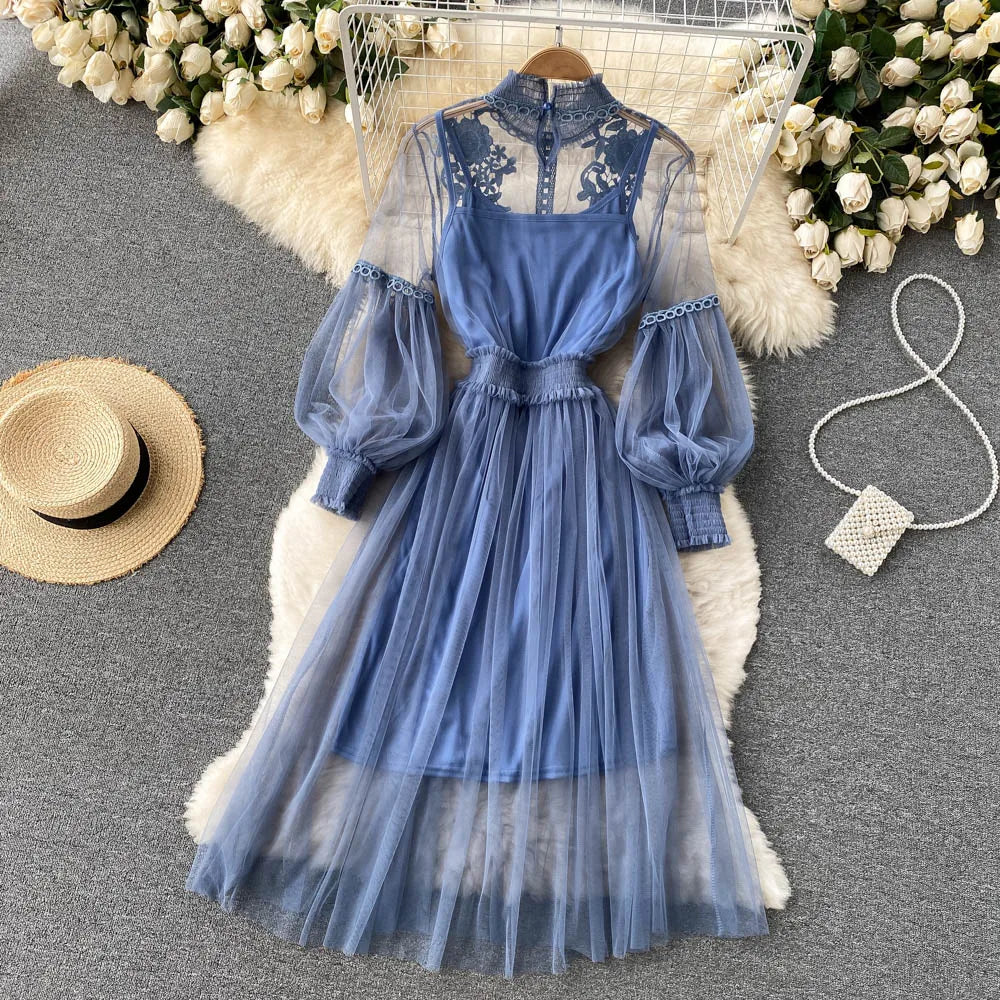 Retro Elegant Mesh Pleated two pieces Dress sets Sexy Fairy puff sleeve Summer Casual Vestidos Slim Women Evening Party Dress