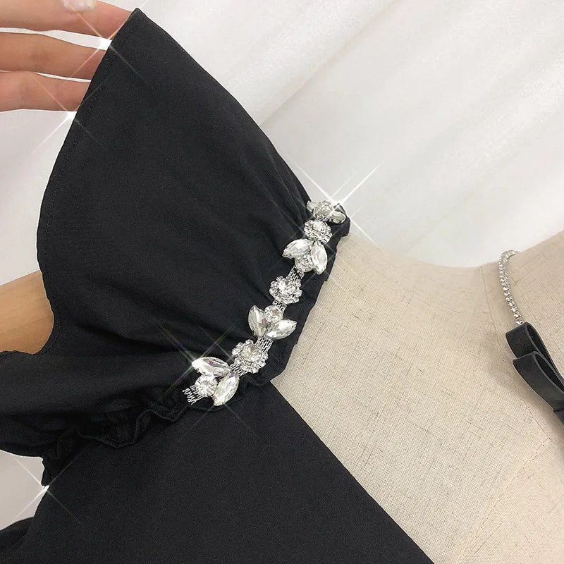 Heavy Industry Diamond Decorated Black Square Neck Cropped Shirt Women's Summer Elegant Temperament Waist Fold Bubble Sleeve Top