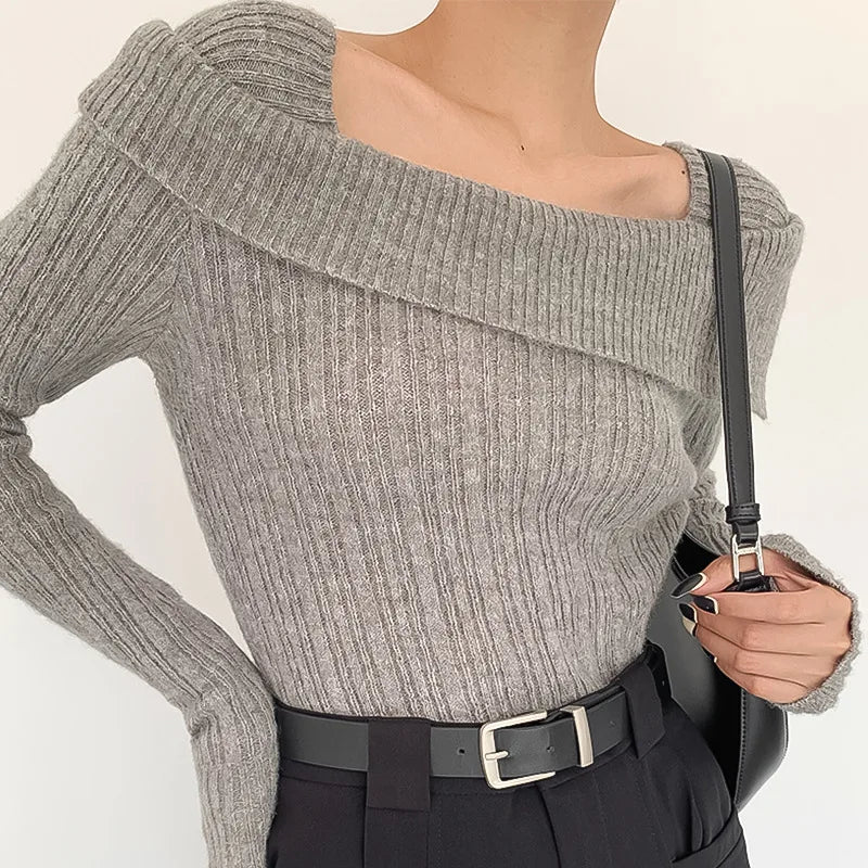 One Shoulder Sweater Autumn/Winter New Style Retro Luxury Women's Off Shoulder Knitted Top Solid Color Slim Long Sleeve Pullover