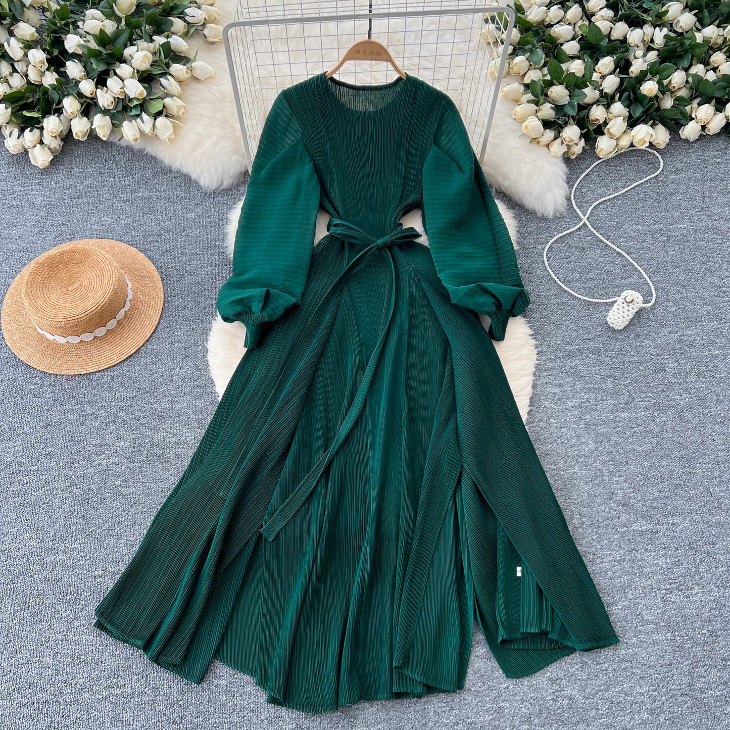 Vintage Elegant Lantern Sleeve Sweet Pleated Dress Women Basics Fashion Summer Spring Dresse
