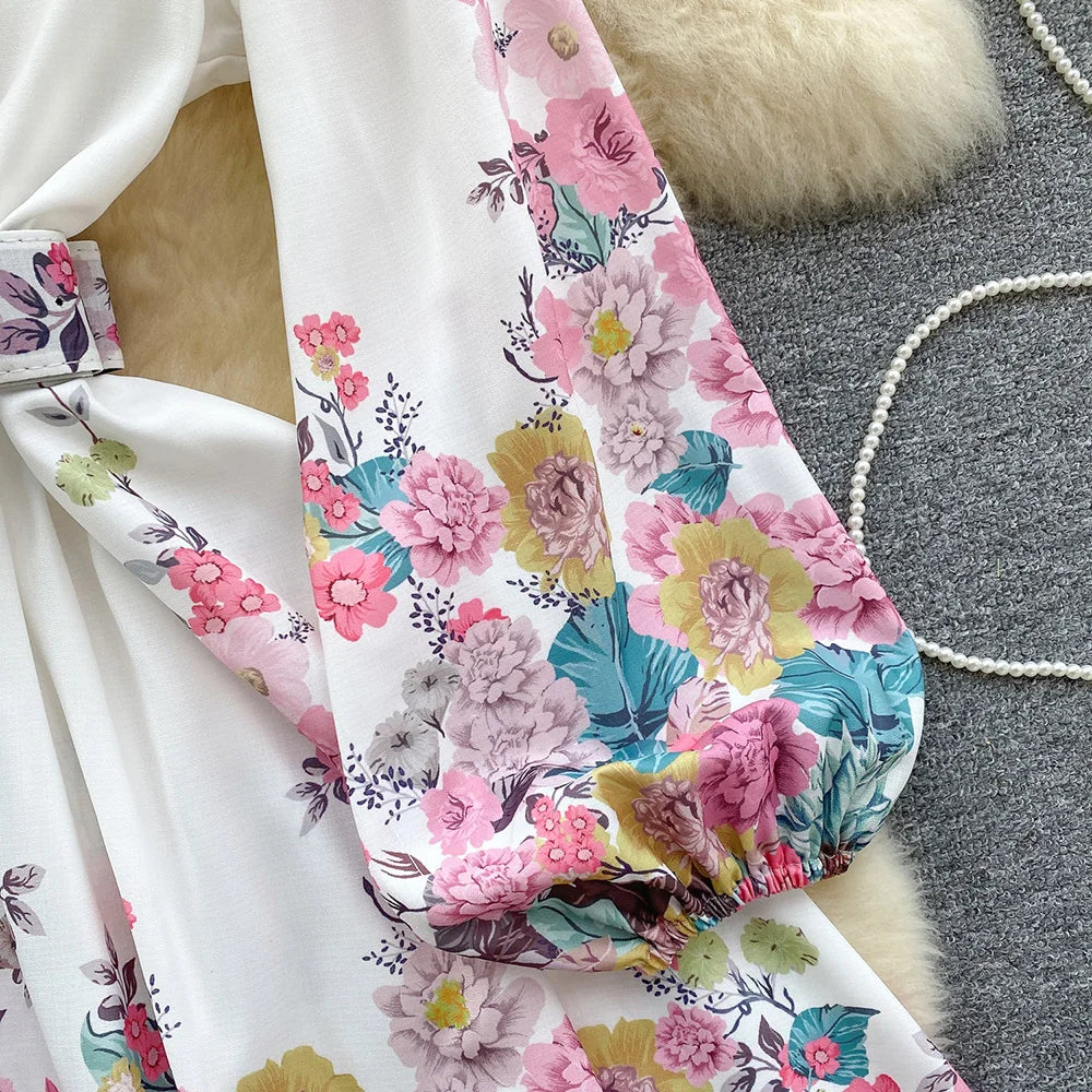 Spring Clothes For Women Vintage Floral Print Dress Stand Collar Long Sleeve Mini Dress With Belt Wedding Elegant Party Dresses