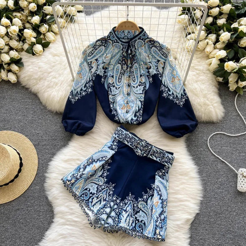 Spring Summer Retro Print Two Piece Set Women Lantern Sleeves Standing Neck Blouse Top+High Waist Wide Leg Shorts Elegant Suits