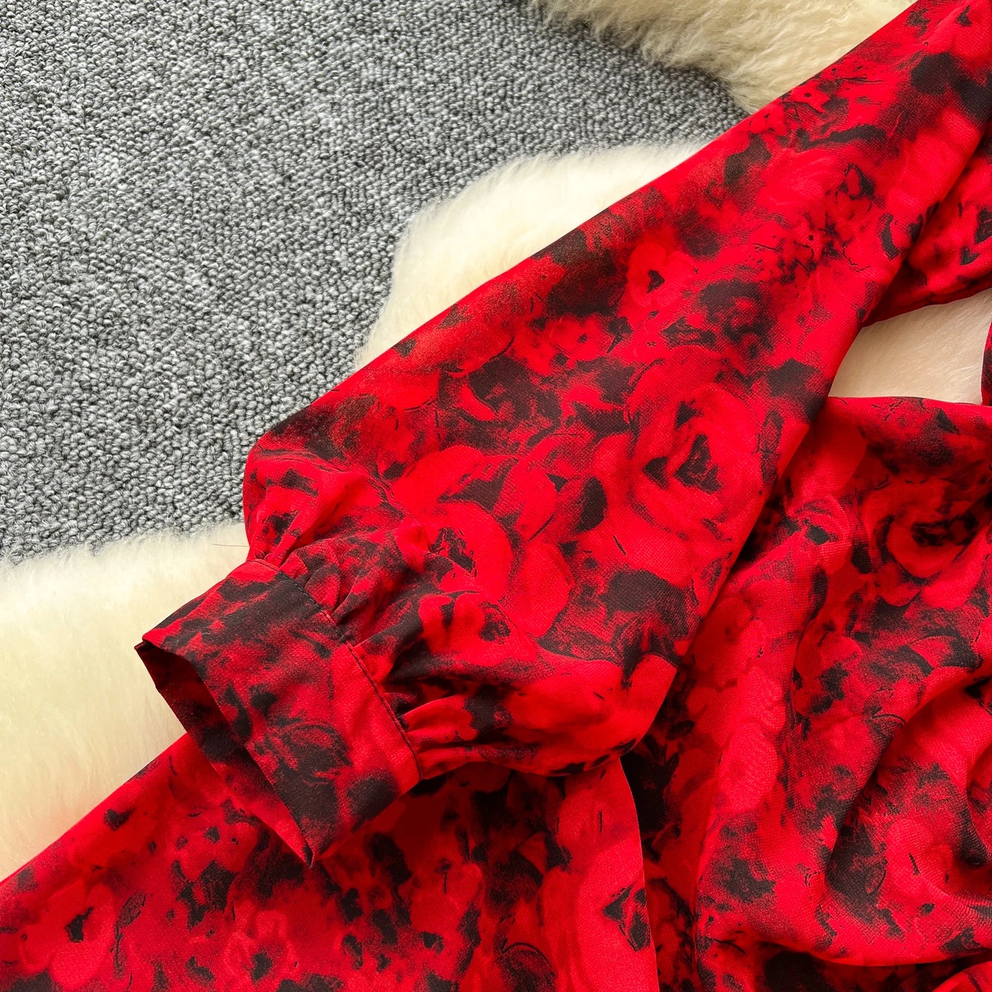 Chic French Sexy Pleated Floral Print Elegant Ruffle Dress Vintage Split Slim High Street Evening Women Autumn Winter Clothing