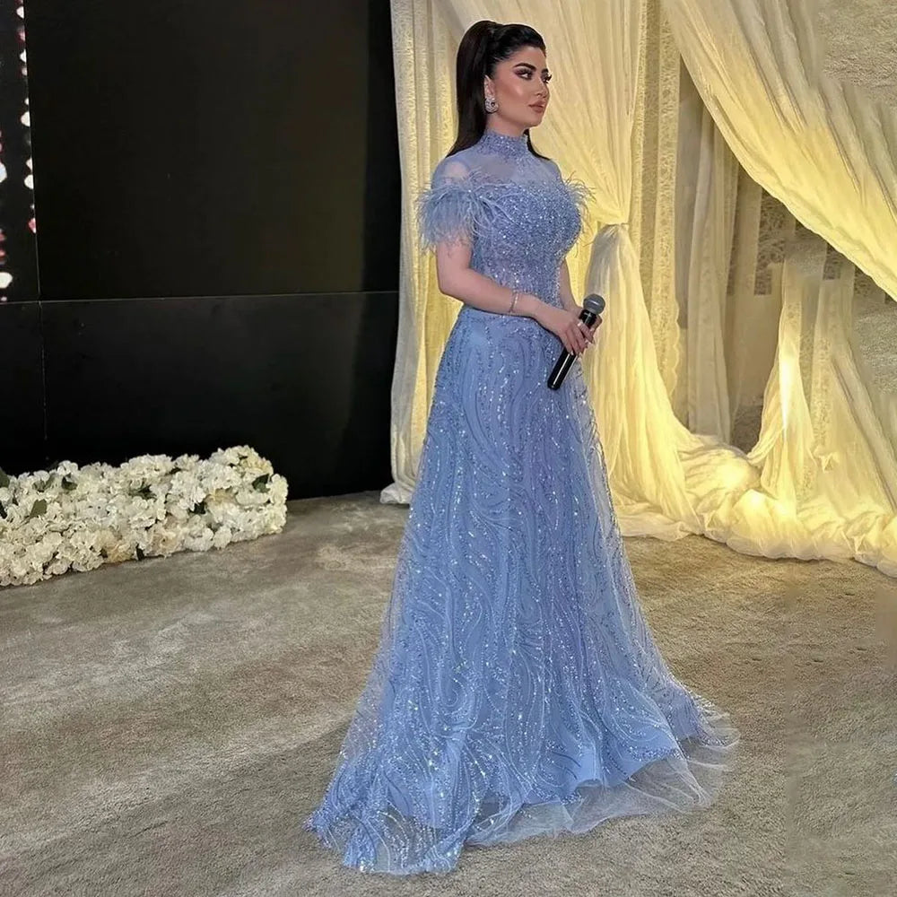 Serene Hill 2024 Arabic blue A Line Short Sleeveless Luxury Evening Dresses Beaded Feathers For Women Wedding Party LA72351