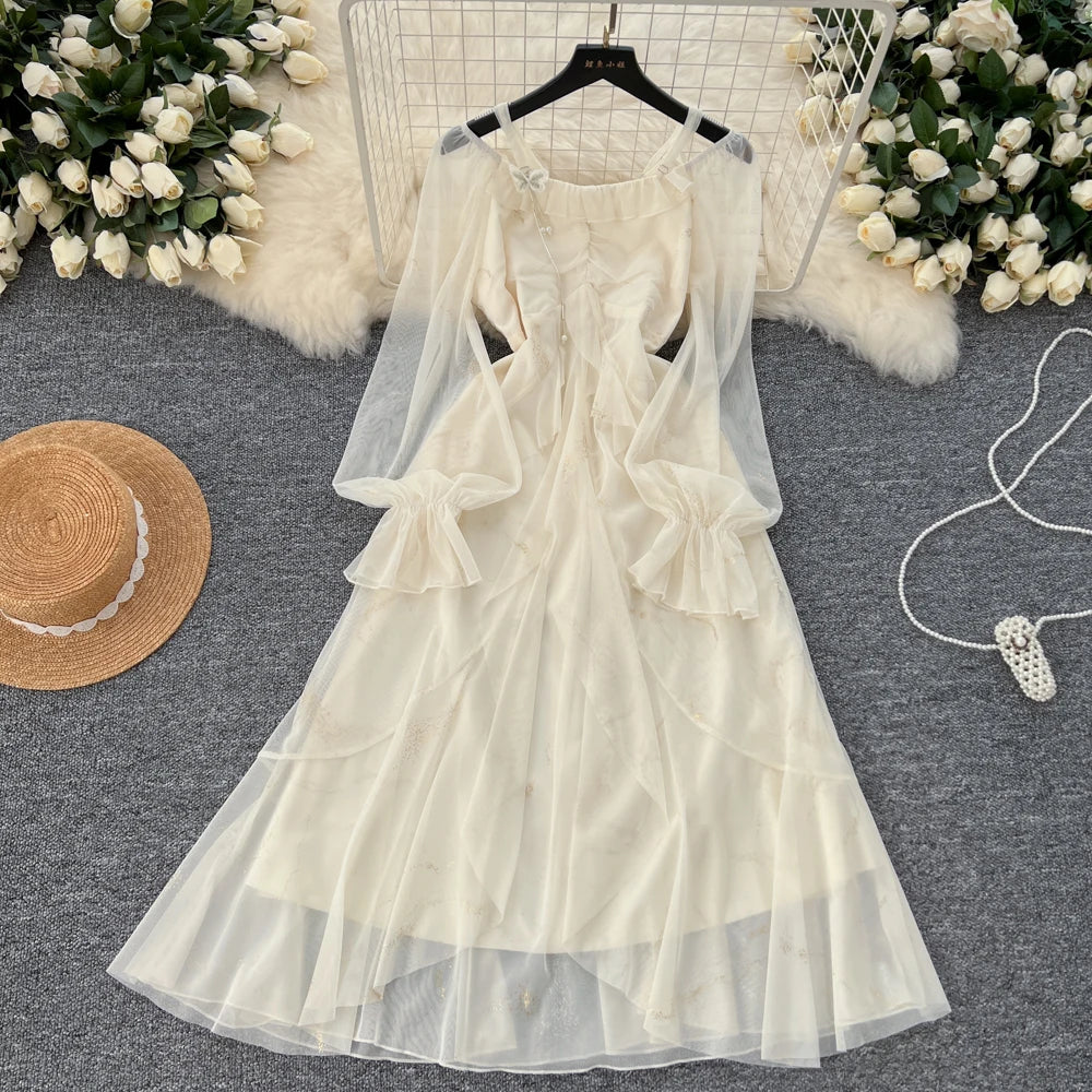 Elegant Bright Silk Print Party Dress for Women Casual Off Shoulder Spaghetti Strap Flare Sleeve Slim Waist Vestidos A-Line Robe