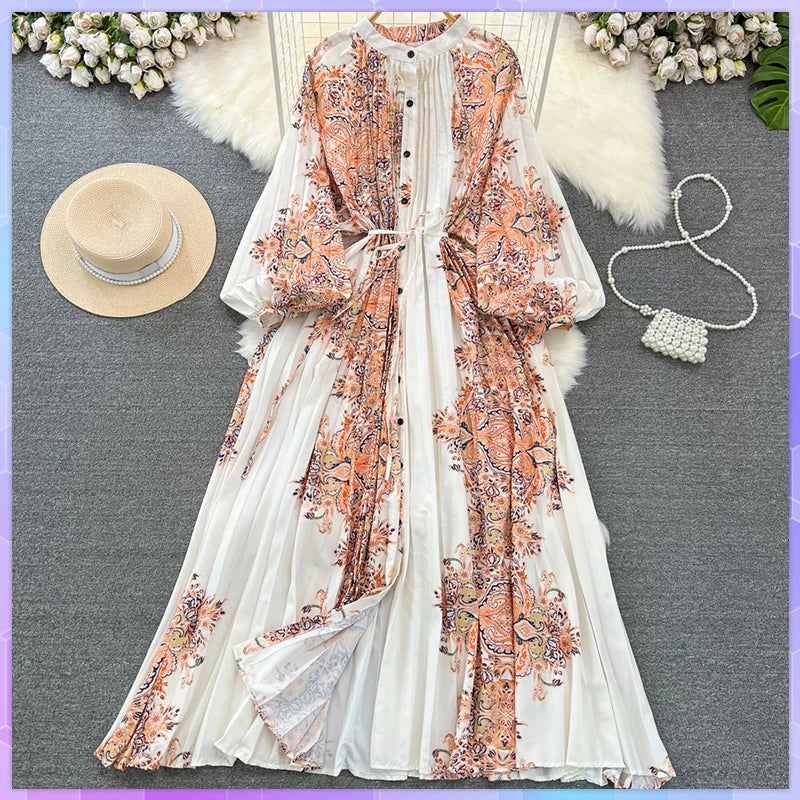 Women's Retro Ethnic Long Dresses Lantern Sleeves Bohemian Holiday Female Dress Robe Vestidos Para Mujer Spring Autumn Платье