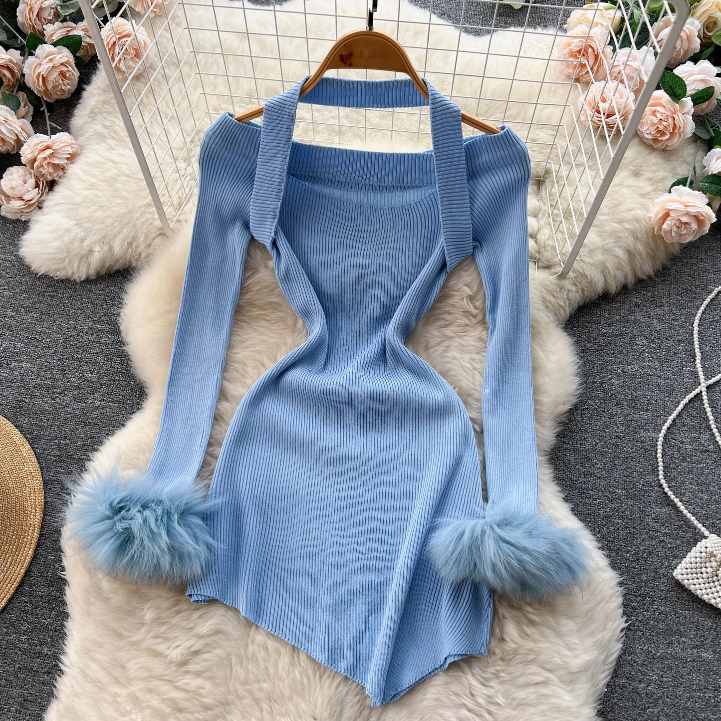 Chic Sexy Halter Bandage Irregular Bodycon Dress Fluffy Long Sleeve Knit Birthday Dress Autumn Winter Pencil Sweater Vestidos