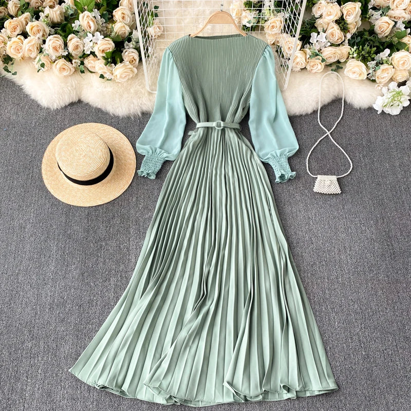 Chic Pleated Elegant Puff Sleeve Dress A-line Chiffon High Waist Belt Beach Vacation Party Dress Women Summer Spring Vestidos
