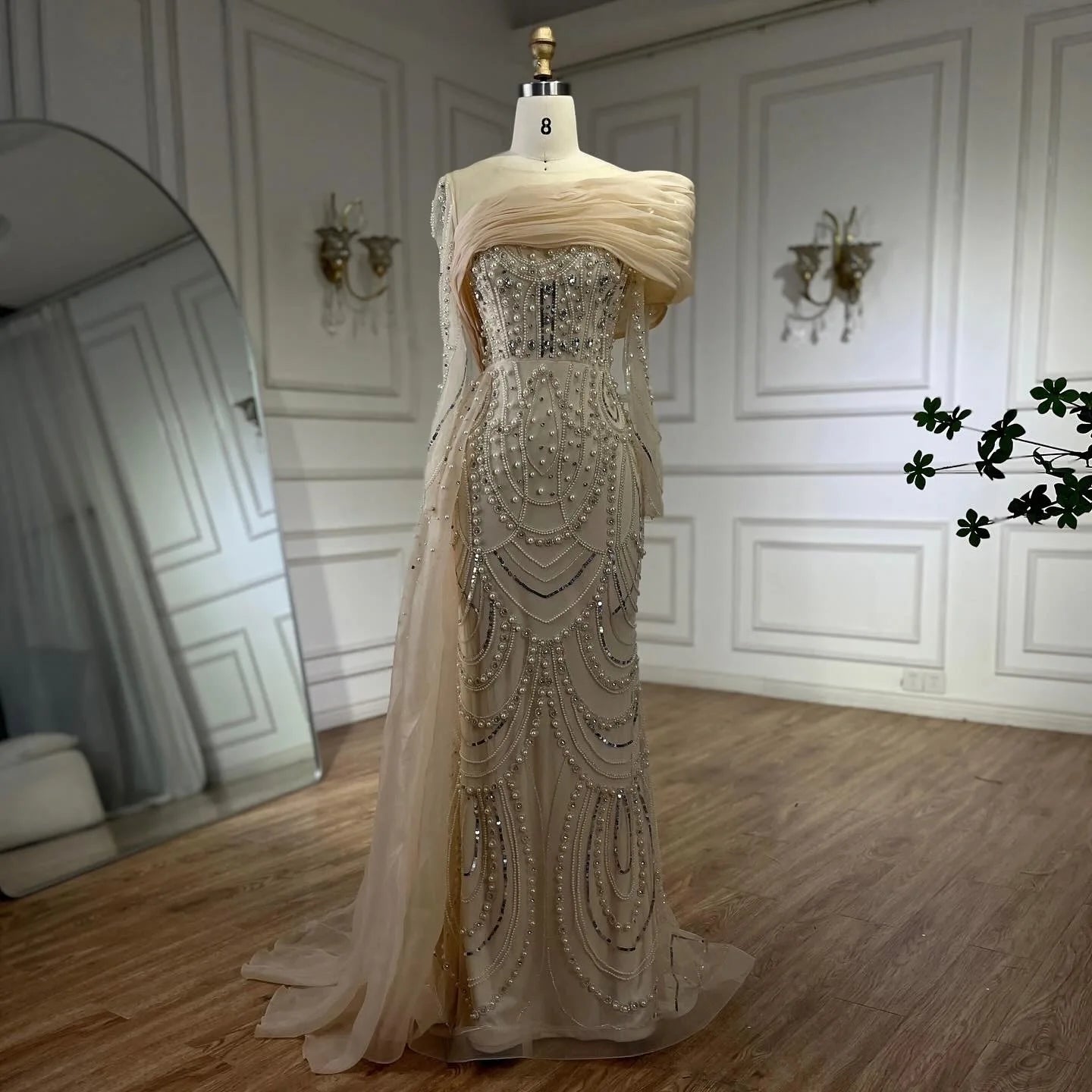 SERENE HILL 2024 Nude Mermaid Luxury Pearls Beaded Evening Dresses Elegant Gowns With Sideskirt Women Wedding Party GLA72348