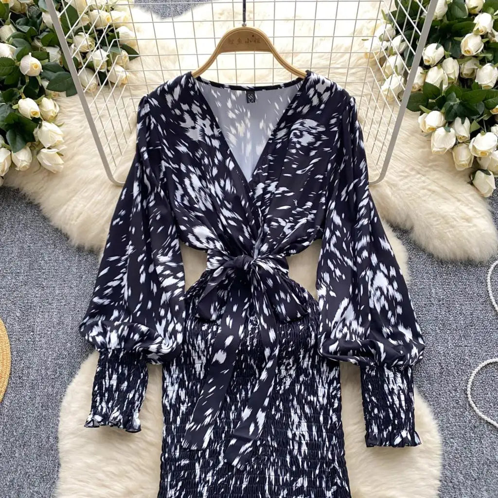 Women Casual Vintage Print Ruffle Long Dress Autumn Elegant V Neck Lantern Sleeve Party Mermaid Dresses Holiday Female Mujer New