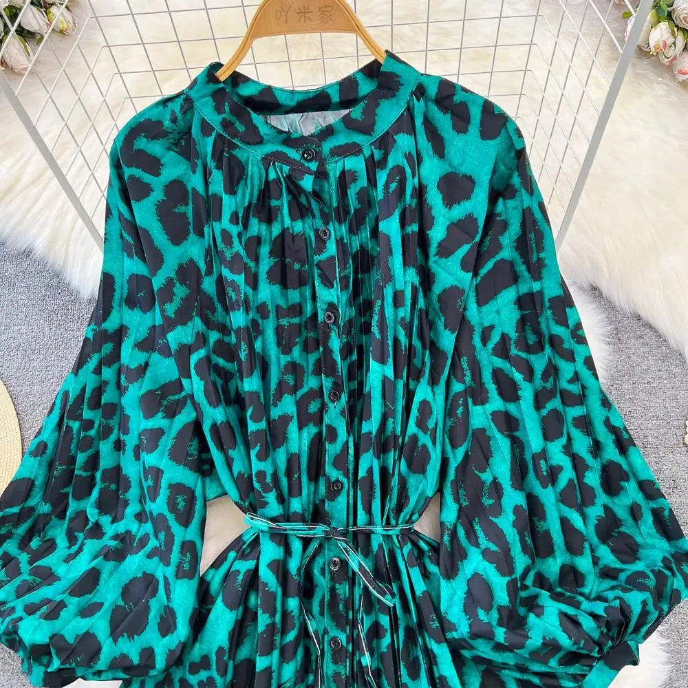 Elegant Women Casual Floral Print Party Dress Vintage Lantern Sleeve A-Line Pleated Prom Birthday Clothes Female Fashion Robe