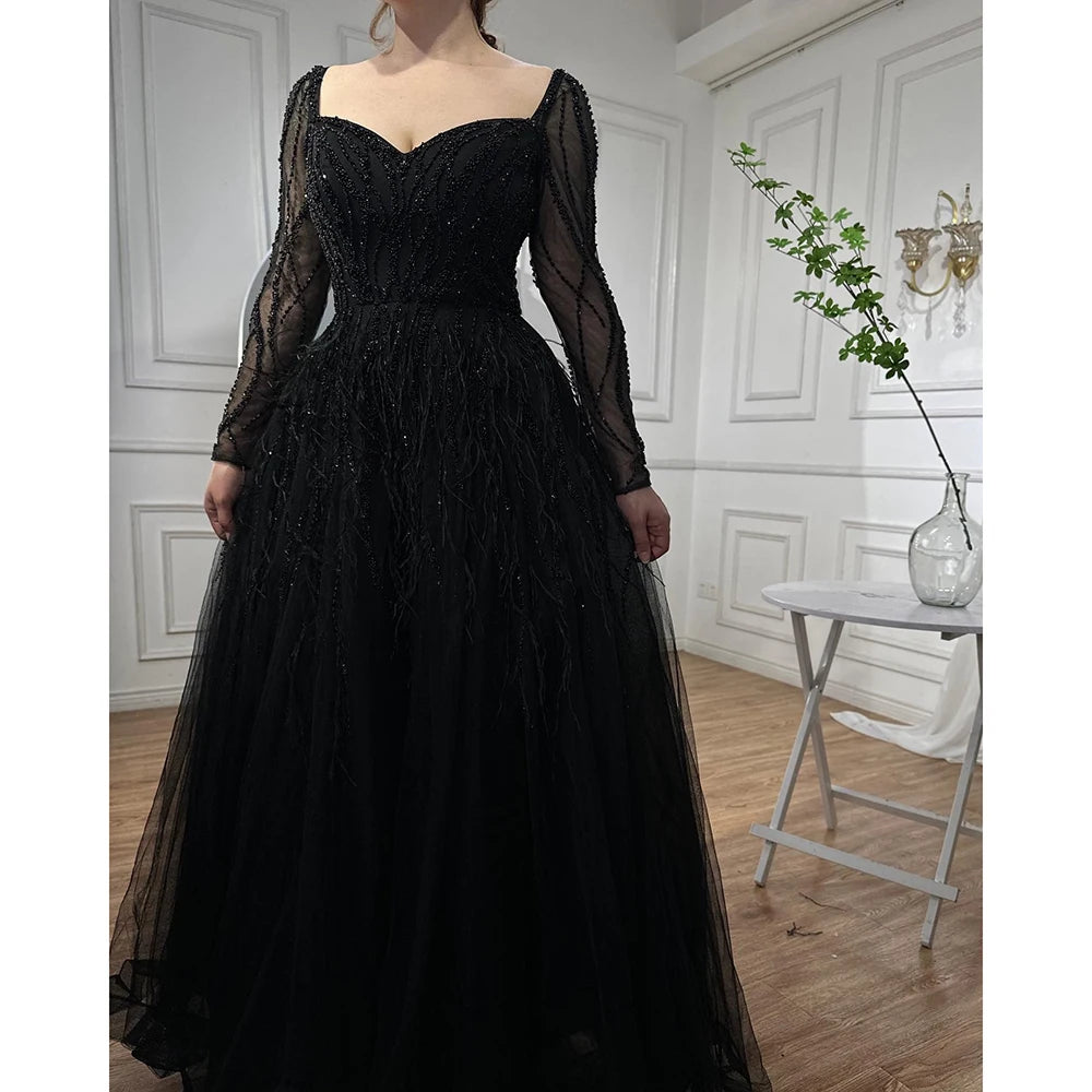 Serene Hill Arabic Red Elegant A Line For Women Long Sleeves Evening Dress Luxury Beaded Handmade Feathers 2024 LA71468
