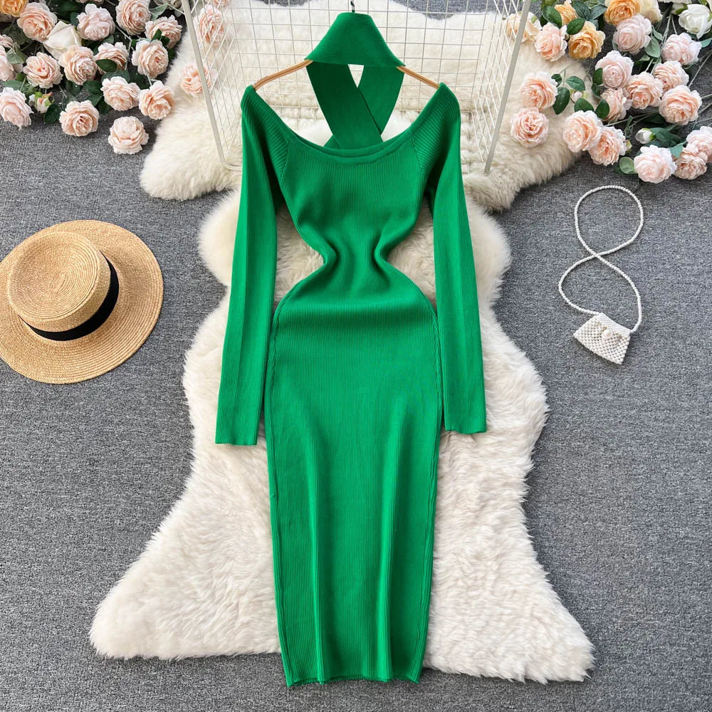 Chic Sexy Criss-cross Halter Elegant Pencil Dress Fashion Slim Knit Long Sleeve Birthday Party Vestidos Women Autumn Winter Robe