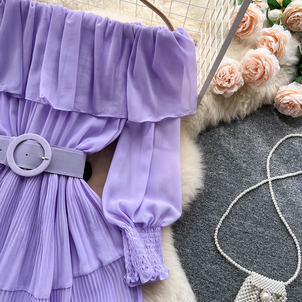 Vintage Pleated Slash Neck Off Shoulder High Waist Dress Long Sleeve Dress Chic Summer Beach Vestidos Women Vacation Sundress
