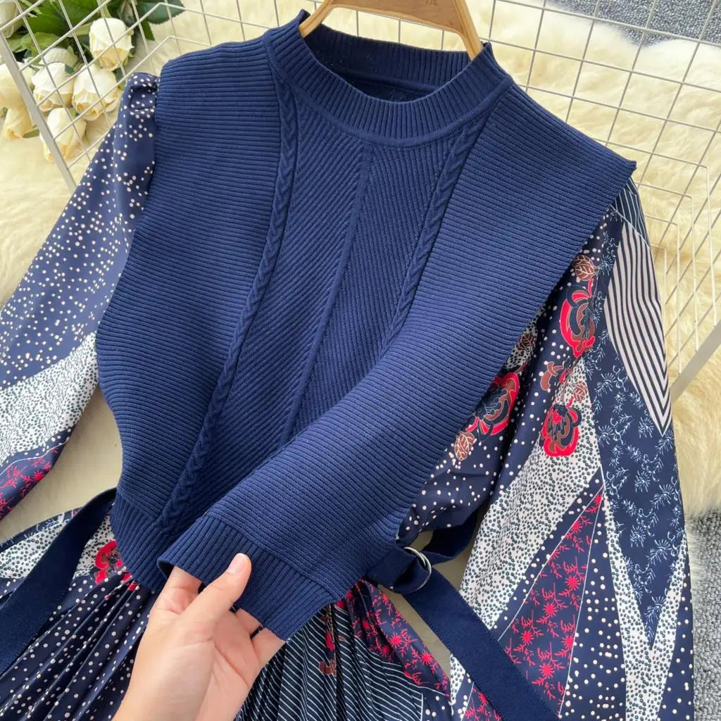 French Vintage Patchwork Print Knitted Dress Elegant and Chic Boho Beach Holiday Dresses A-Line Slim Waist Pleated Vestidos New