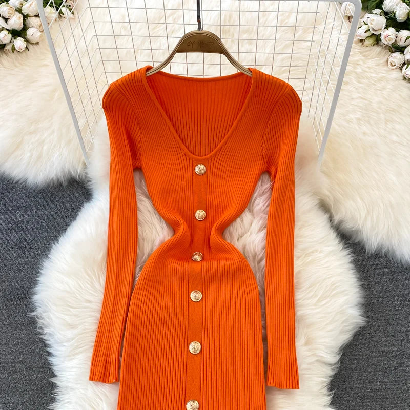 Chic V Neck Long Sleeve Elegant Mermaid Dress Sexy slim Evening Party French Fashion Knit Vestidos High Waist Autumn Slim Robe