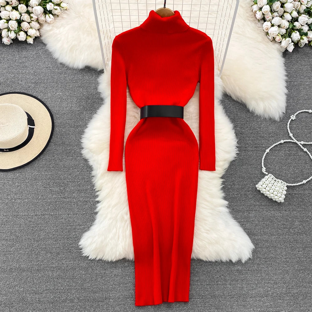Elegant Turtleneck Long Sleeve Knit Soft Tight Pencil Dress with Belt Slim Fashion Warm Sweater Vestido Sexy Women Winter Robe