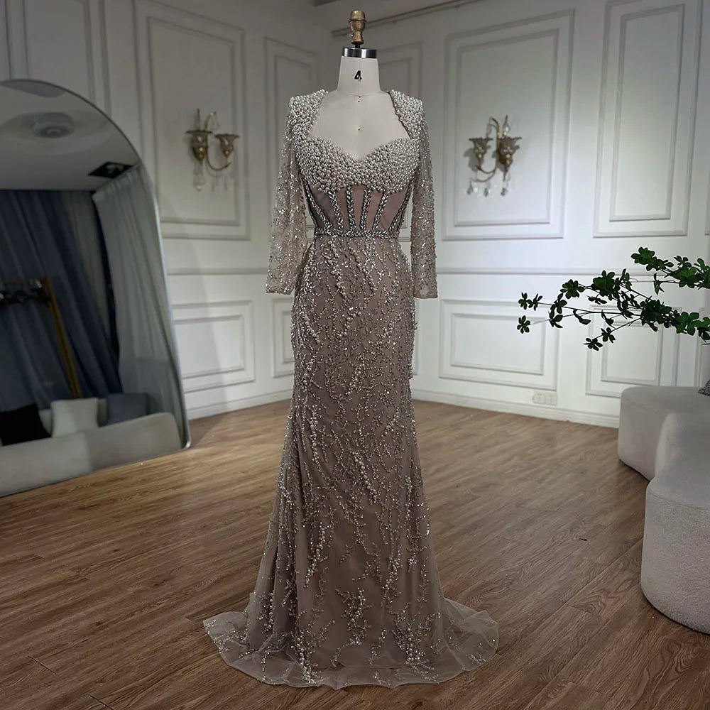 Serene Hill Dubai Luxury Pearls Beaded Nude Elegant Arabic Mermaid Evening Dress for Women - Wedding Party 2024 LA72361