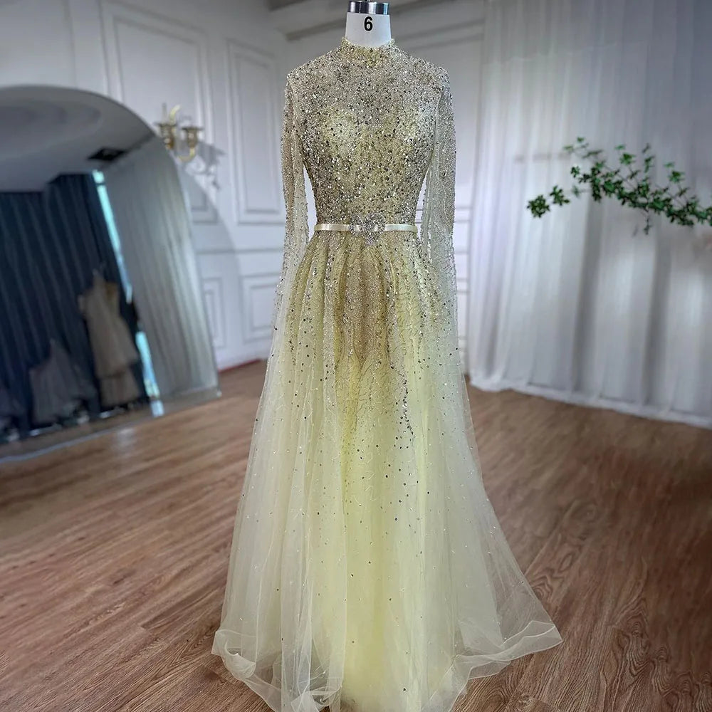 Serene Hill Blue A-Line High-end Beaded Luxury Cape Sleeves Evening Dresses Gowns 2024 For Woman Party Plus Size LA70066B