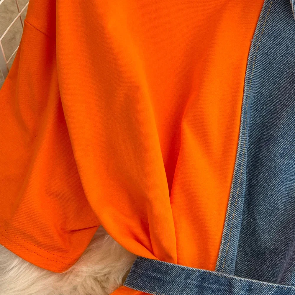 Women Summer Casual T Shirt Short Sleeve Streetwear Patchwork Denim Long Shirts Female O-neck Slim Jeans Tops