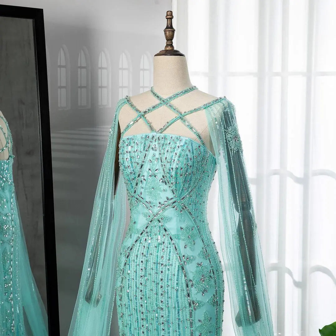 SERENE HILL Arabic Caramel Mermaid Elegant Cape Sleeves Beaded Luxury Evening Dresses 2024 Formal Gown For Women Party GLA71905A