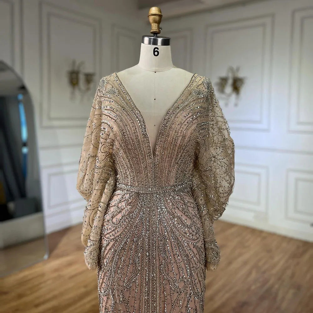 SERENE HILL 2024 Arabic Gold Elegant Mermaid Black Luxury Beaded Evening Dresses Gowns Diamond For Women Wedding Party GLA72288A