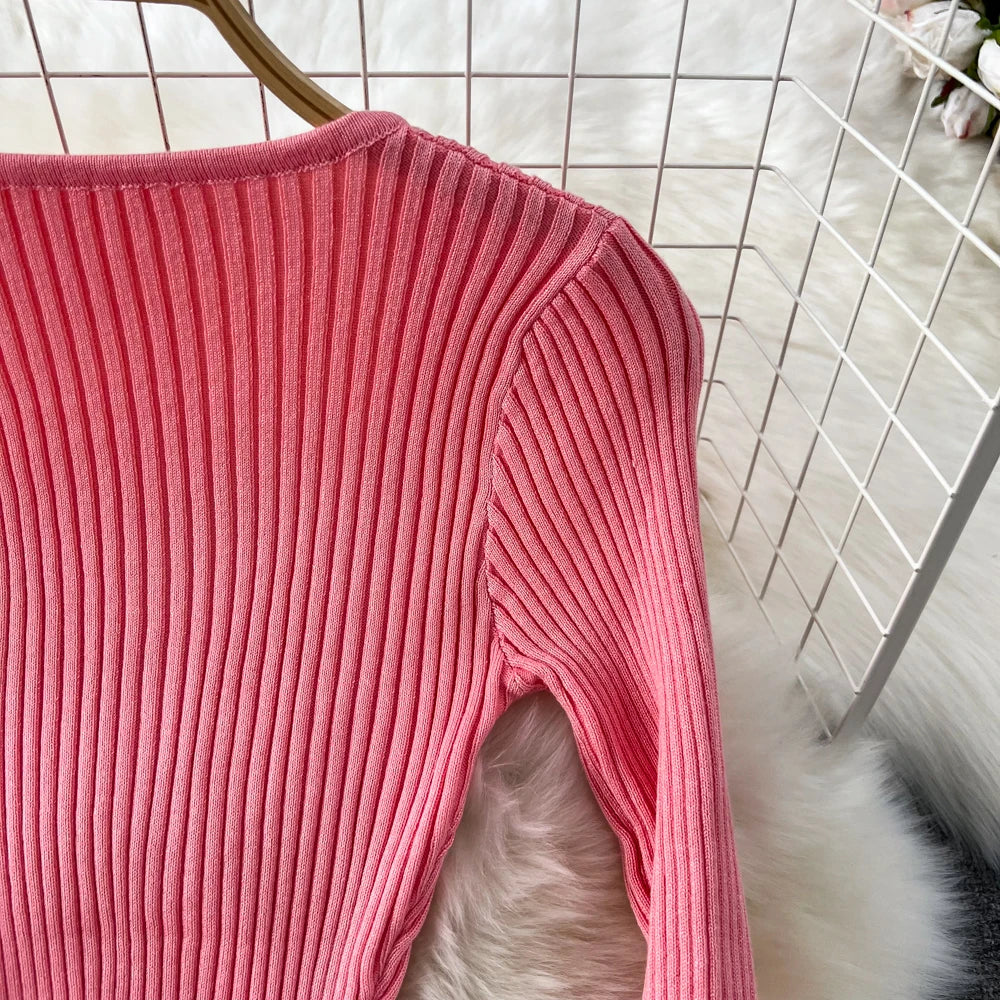 Women Chic Elegant Long Sleeve Bodycon Vneck Dress Sexy French Fashion Knit Wrap Vestidos Elastic Slim Pencil Sweater Dress