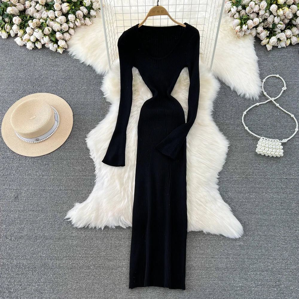 Women Chic Elegant Long Sleeve Bodycon Vneck Dress Sexy French Fashion Knit Wrap Vestidos Elastic Slim Pencil Sweater Dress