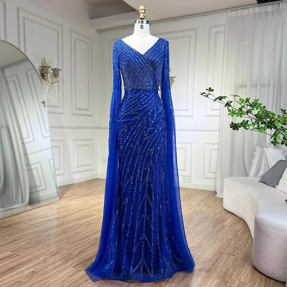 SERENE HILL 2024 Arabic Dubai Caramel Mermaid Luxury Beaded Evening Dresses Cape Sleeves Gowns For Women Wedding Party GLA71493A