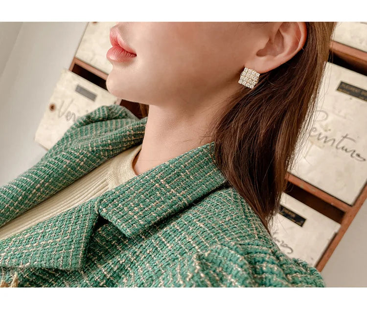 Elegant Temperament Two-Piece Set Tweed for Women Short Blazer Jacket +High Waist Swing Skirt Suits Green Korean Outfits