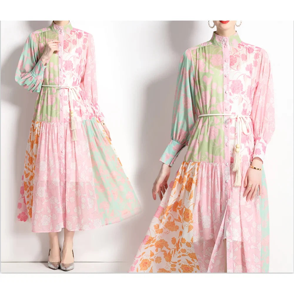 Chic Print Pleated Elegant Lantern Sleeve Dress A-line Casual Lace Up Vacation Party Dress Women Fashion Autumn Spring Vestidos