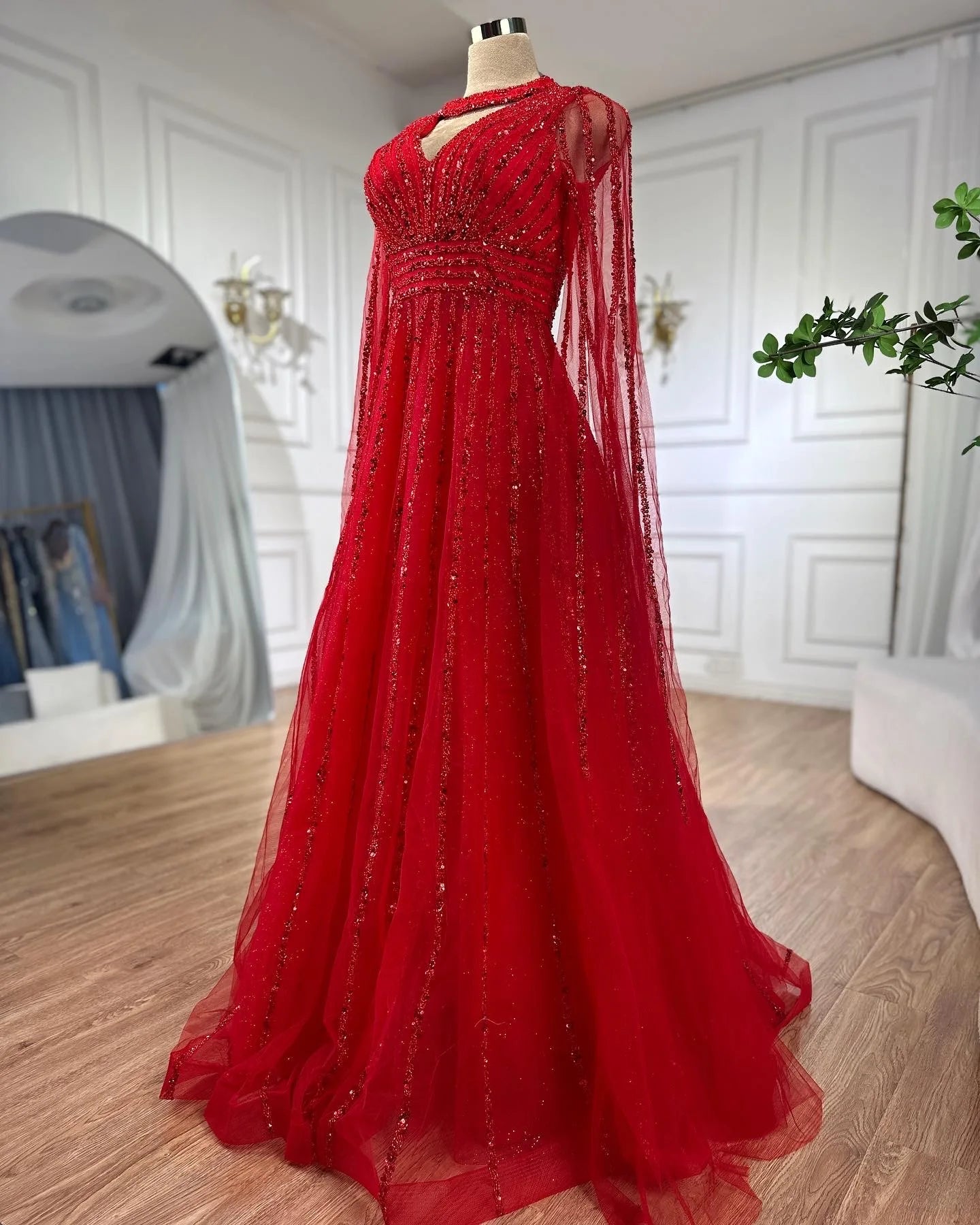 SERENE HILL 2024 Arabic Caramel A-Line Cape Sleeves Beaded Evening Dresses Luxury Gowns For Women Wedding Party GLA72171