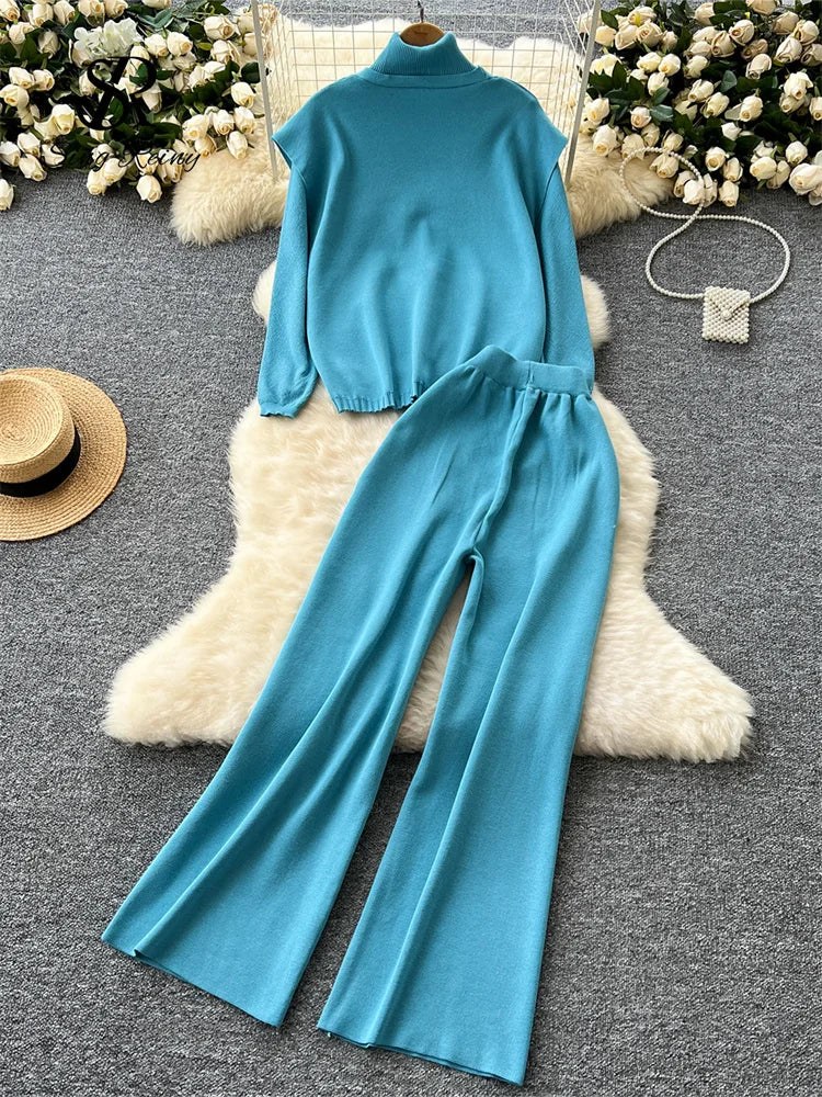 SINGREINY Autumn Sweater Three Pieces Sets Female Turtleneck Thick Top+Knitted Vest+Wide Leg Long Pants Winter Solid Warm Suits