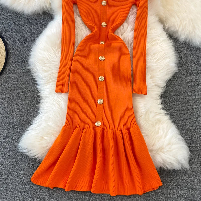 Chic V Neck Long Sleeve Elegant Mermaid Dress Sexy slim Evening Party French Fashion Knit Vestidos High Waist Autumn Slim Robe