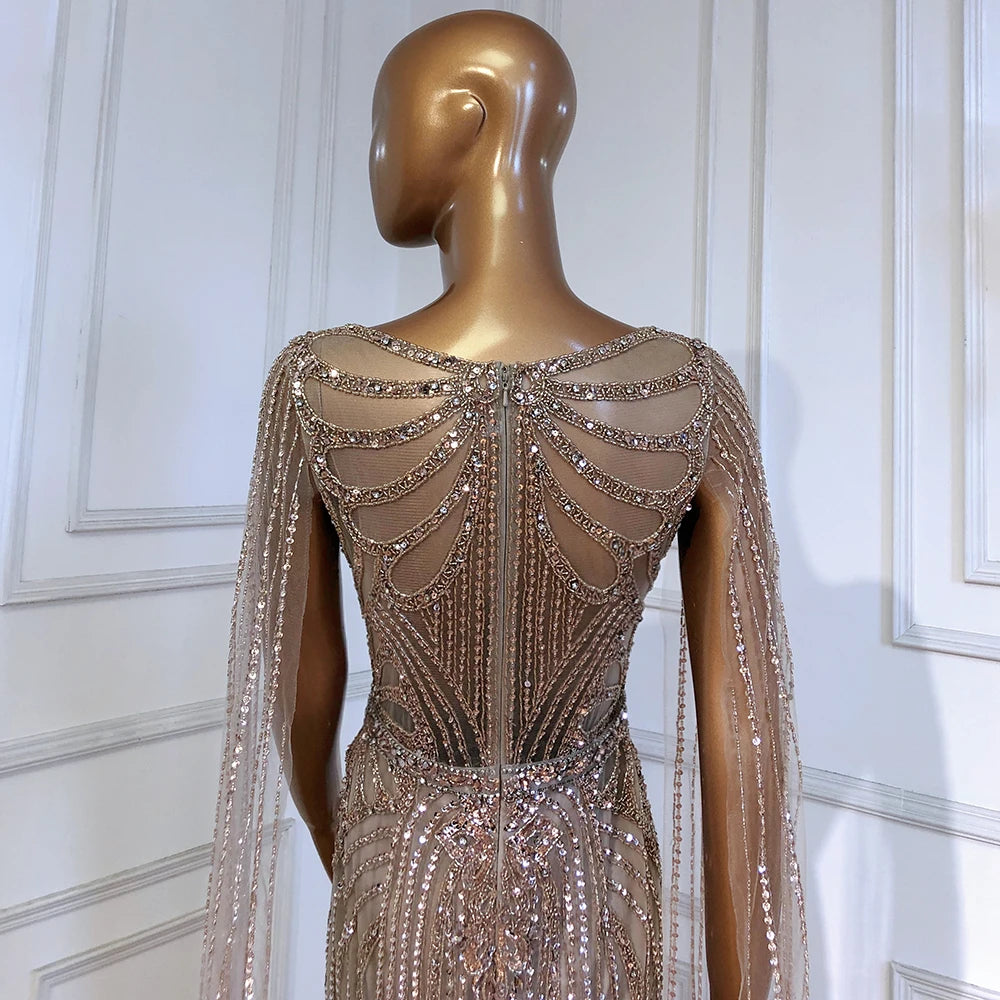 Serene Hill Brown Mermaid Elegant 2024 With Cape Sleeves Beaded Luxury Evening Dresses Gowns For Women Party LA70638